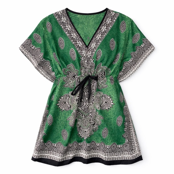 Dresses & Skirts - Green Boho Tunic Dress Festival Kaftan V Neck Tie Waist Mandala Print